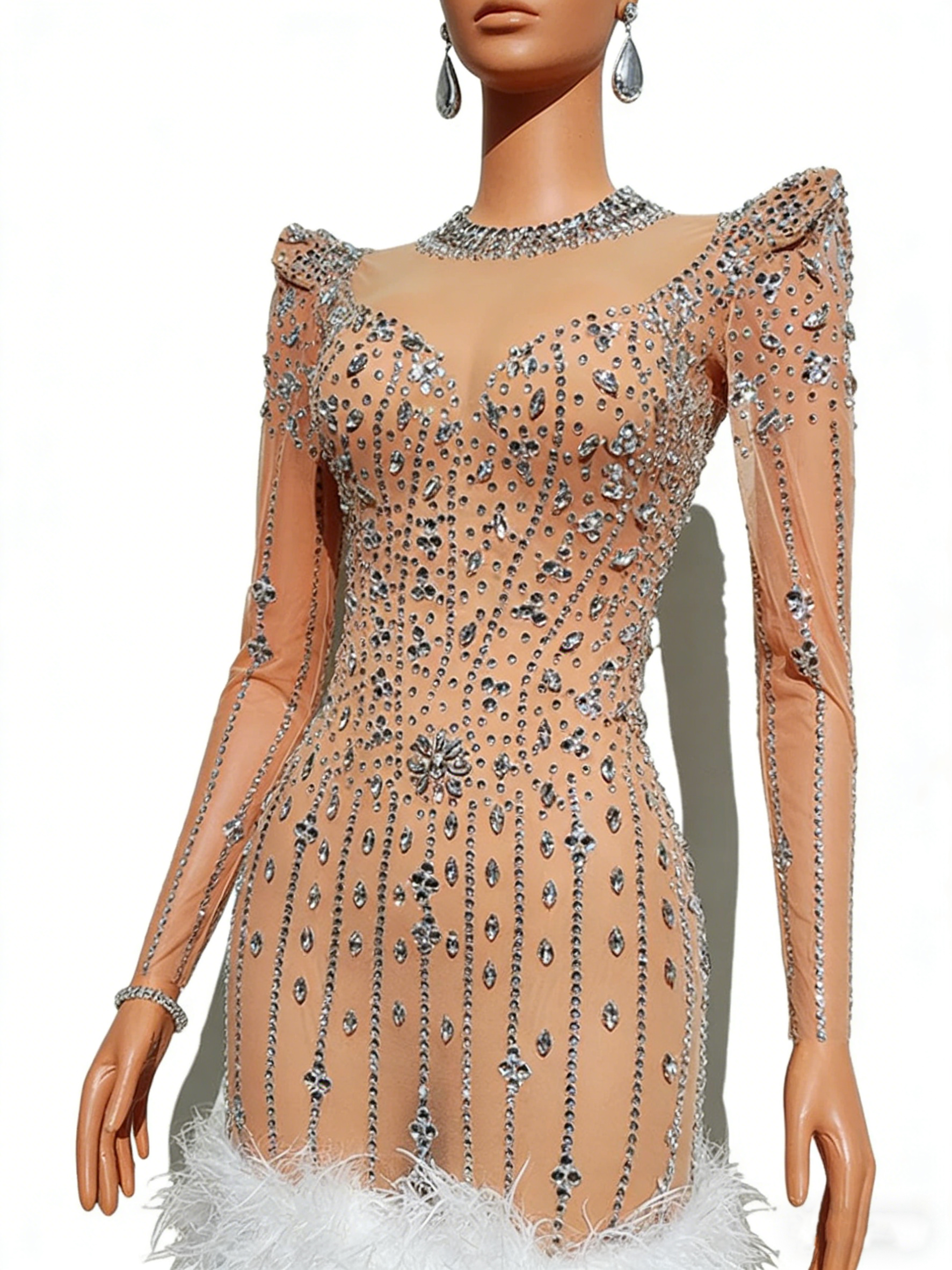 long sleeve rhinestone dress Beige Rhinestone Mini Dress Long Sleeve High Neck Feather Hem