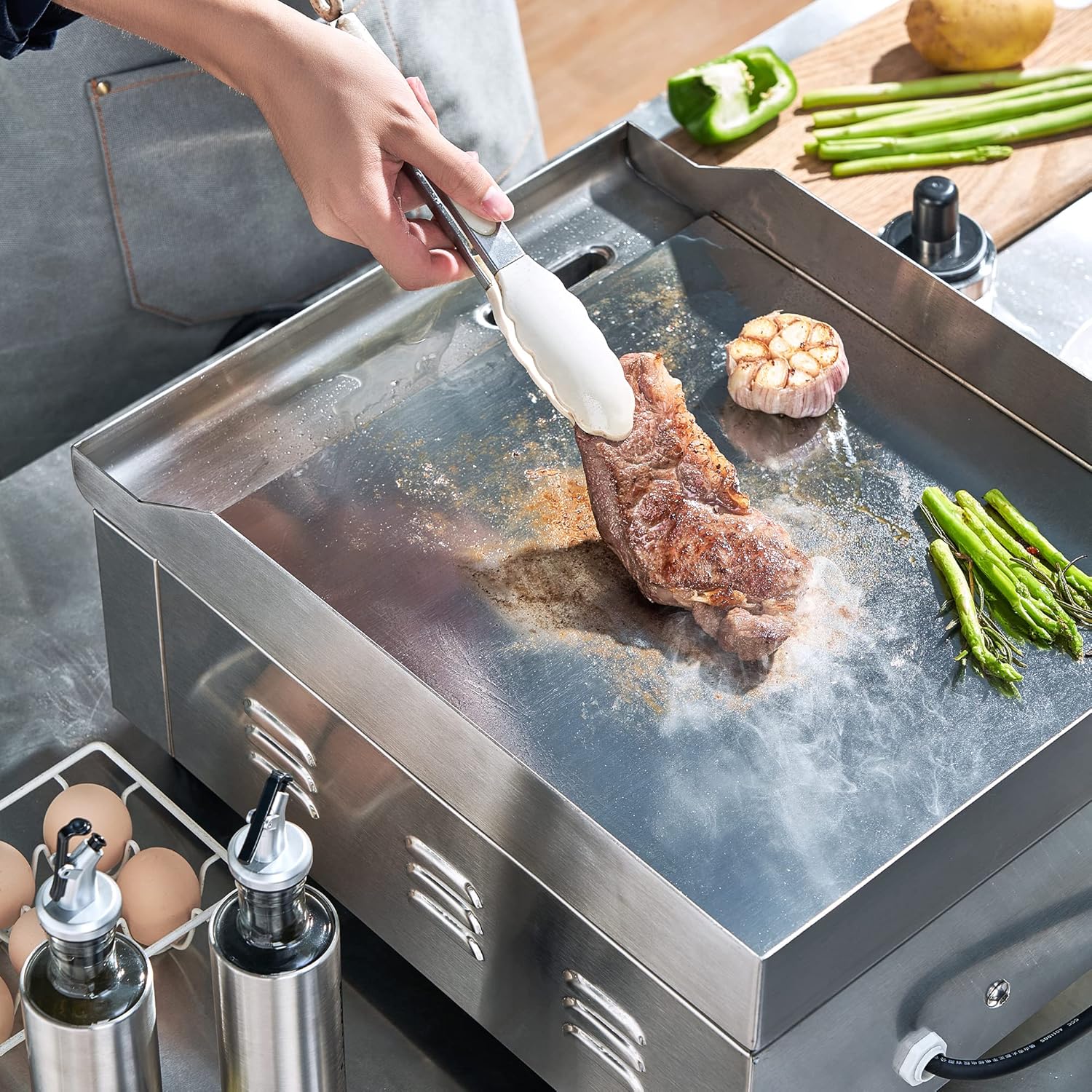 14 Inch Electric Griddle, Non-Stick Flat Top Grill Commercial Electric Countertop Griddles Stainless Steel Adjustable Temperature Control 90掳F-575掳F for Home or Restaurant Use