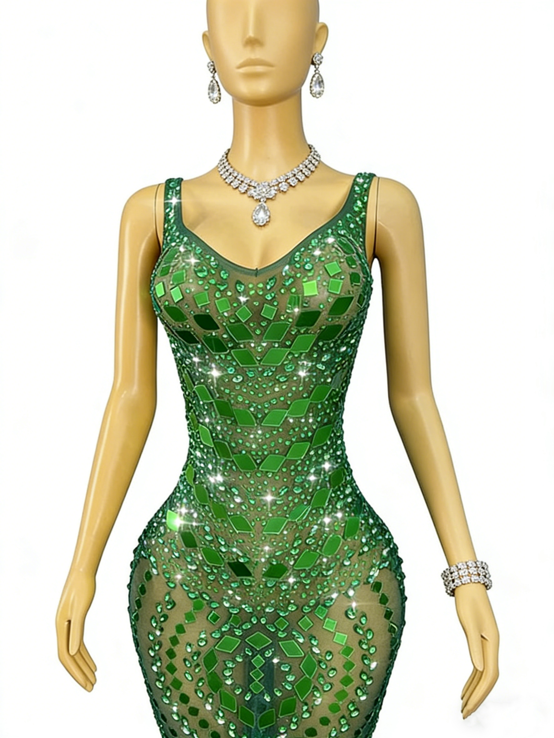 Green Sequin Mermaid Gown V Neck Open Back Floor Length Formal Evening Dress