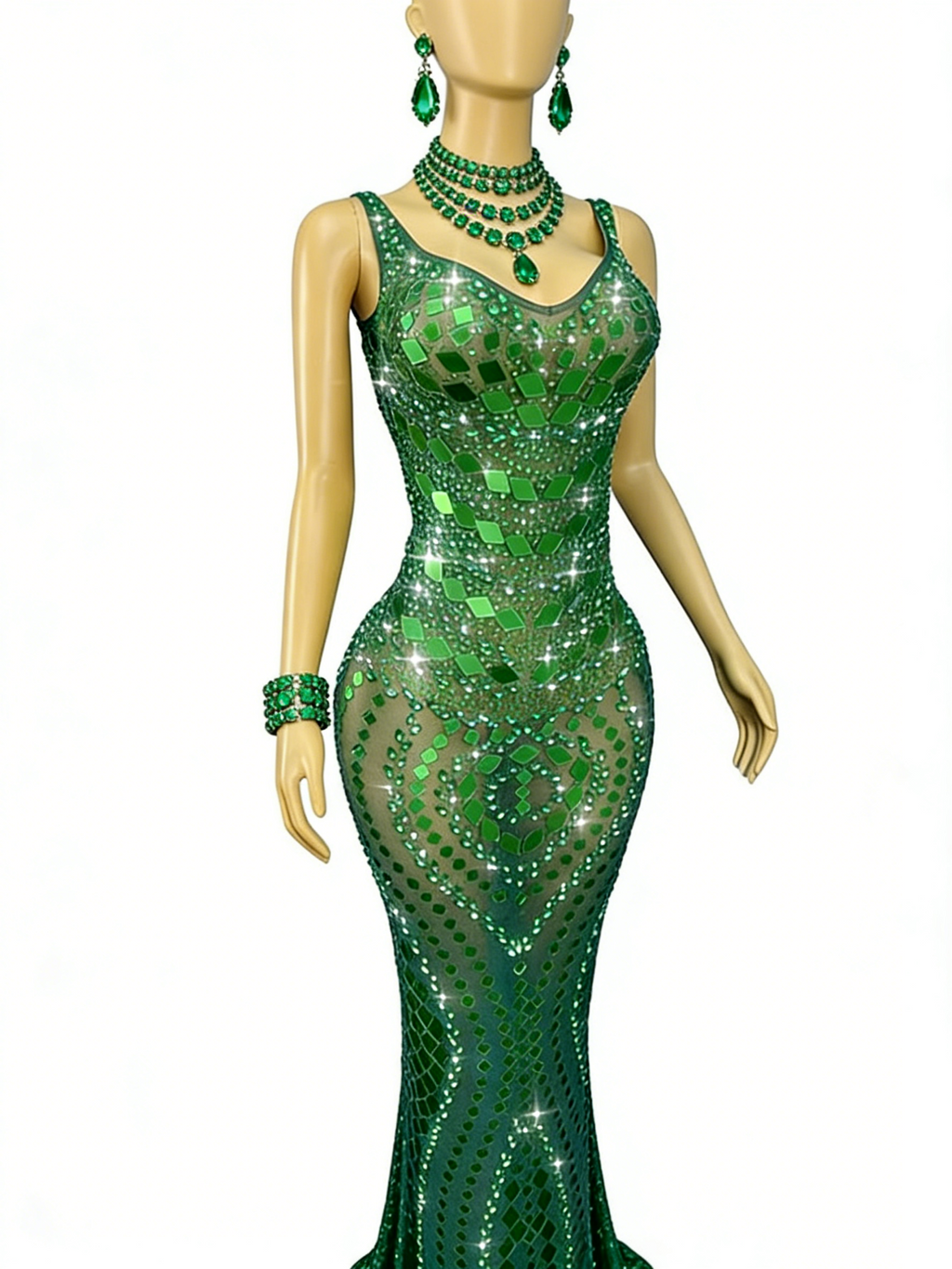 Green Sequin Mermaid Gown V Neck Open Back Floor Length Formal Evening Dress