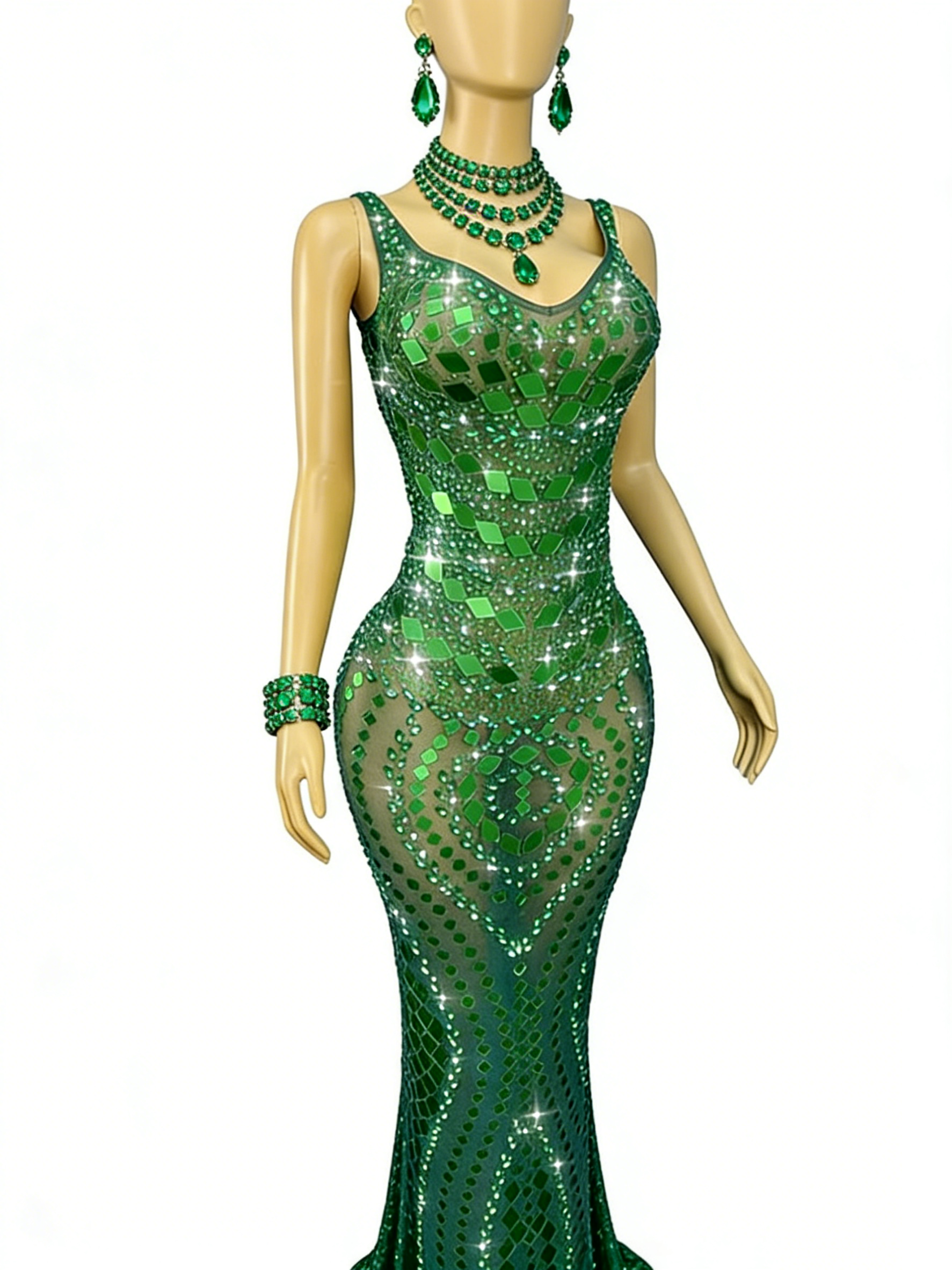 Green Sequin Mermaid Gown V Neck Open Back Floor Length Formal Evening Dress