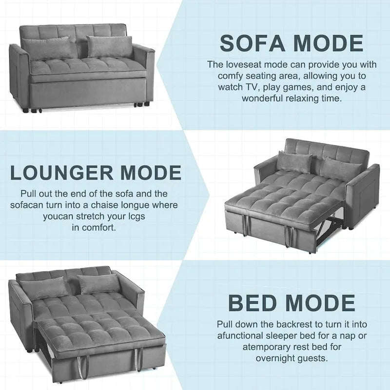 Modern Velvet Futon Loveseat with Reclining Backrest & Pockets, Seats 2 �?Dark Gray / Light Gray / Blue / Black