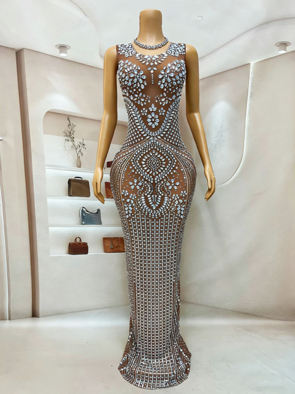Grey Rhinestone Mermaid Evening Gown Sheer Mesh Sleeveless Floor Length Formal
