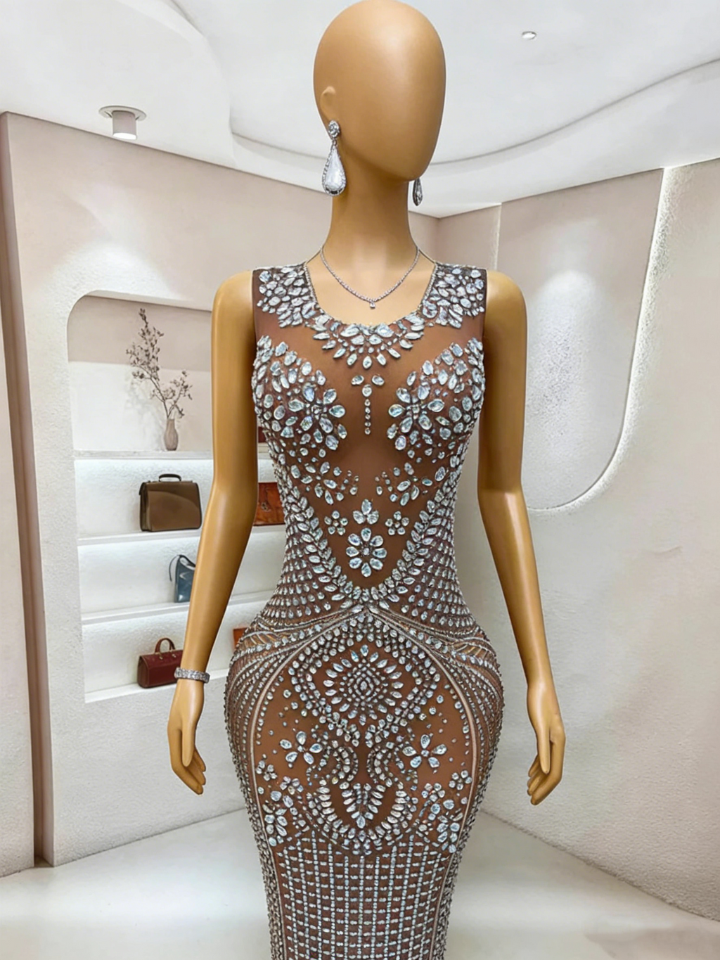 Grey Rhinestone Mermaid Evening Gown Sheer Mesh Sleeveless Floor Length Formal
