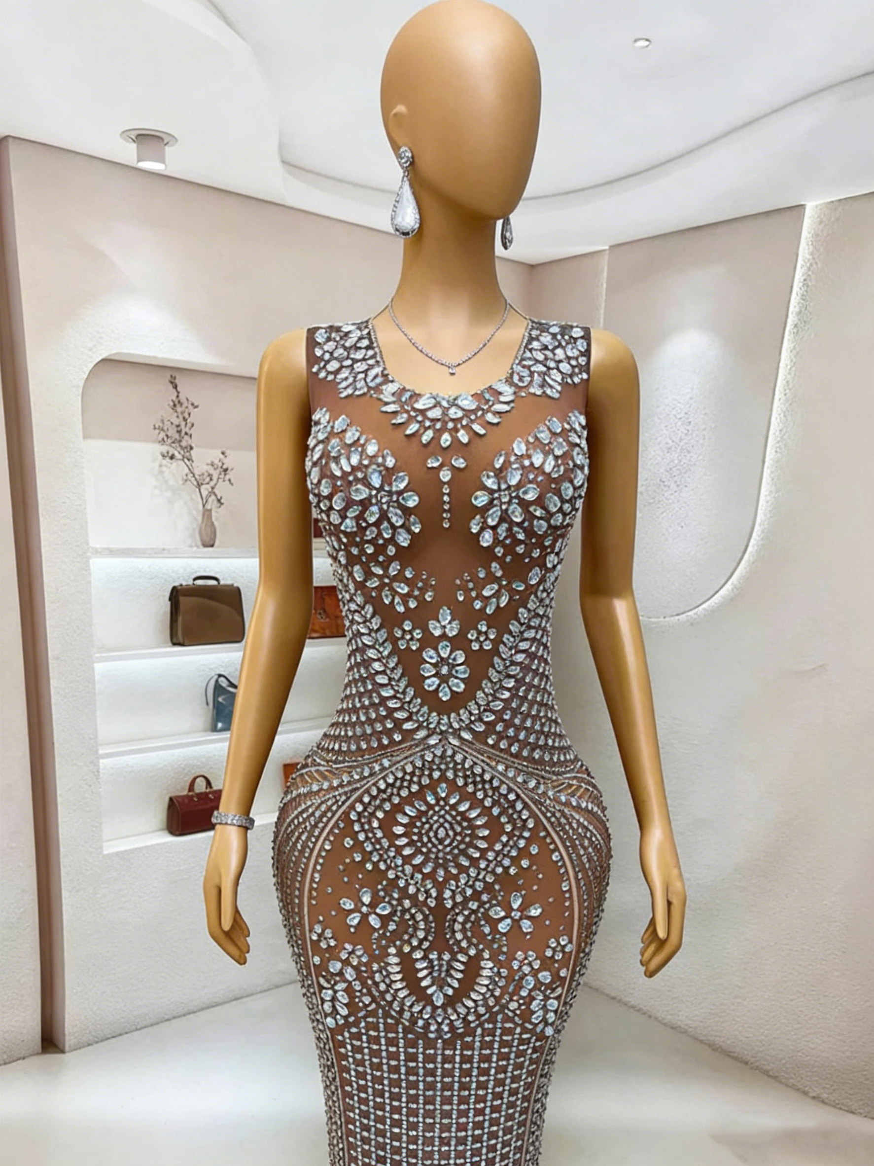 Grey Rhinestone Mermaid Evening Gown Sheer Mesh Sleeveless Floor Length Formal
