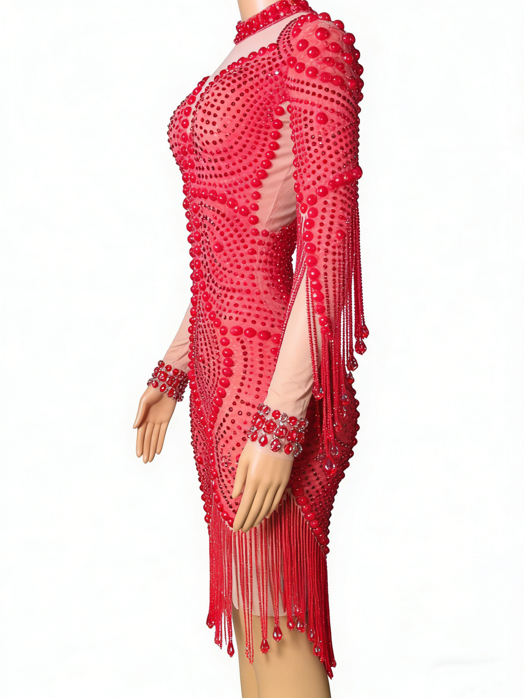 Red Bead Embellished Mesh Bodycon Mini Dress Long Sleeve Fringe Party