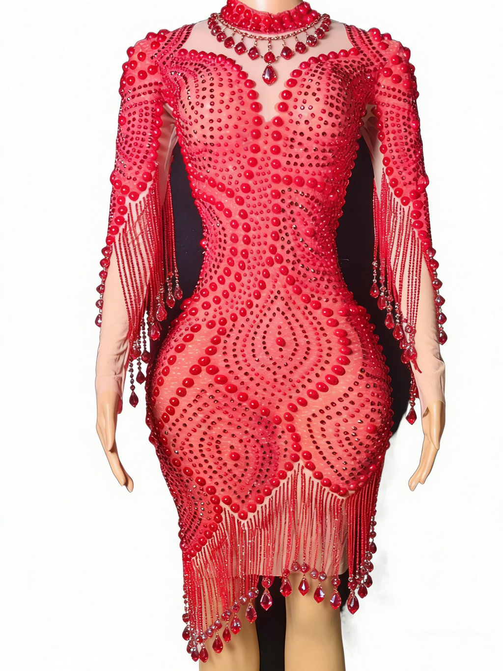 Red Bead Embellished Mesh Bodycon Mini Dress Long Sleeve Fringe Party