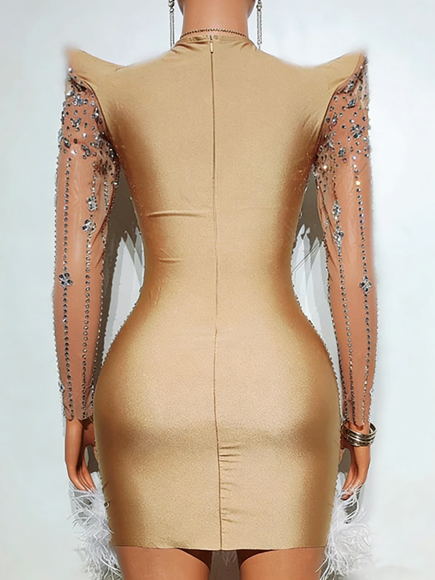 Beige Rhinestone Mini Dress Long Sleeve High Neck Feather Hem Beige Rhinestone Mini Dress Long Sleeve High Neck Feather Hem
