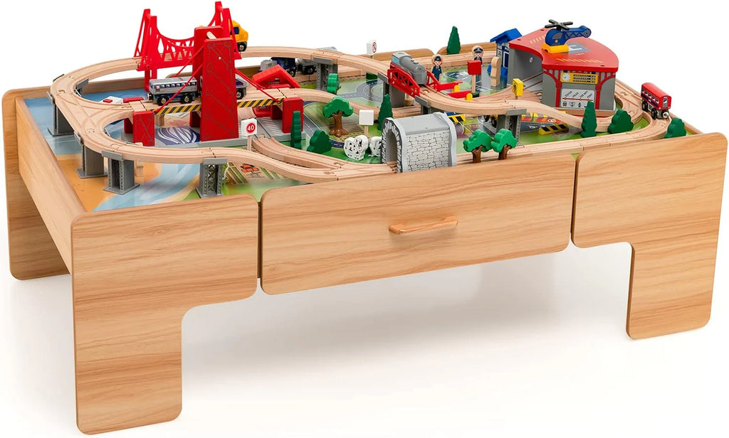 The dual-function wooden children's activity table with storage function, featuring 100 colorful components, tracks, trains, and cars, is a children's train table set suitable for children aged 3 and above. It has a flip-up tabletop and is a gift for