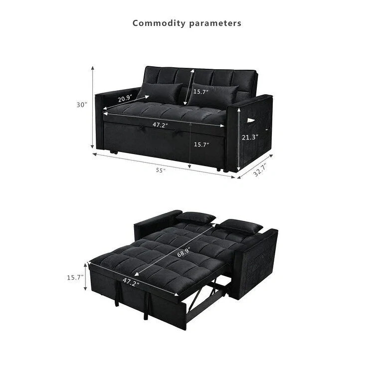 Modern Velvet Futon Loveseat with Reclining Backrest & Pockets, Seats 2 �?Dark Gray / Light Gray / Blue / Black