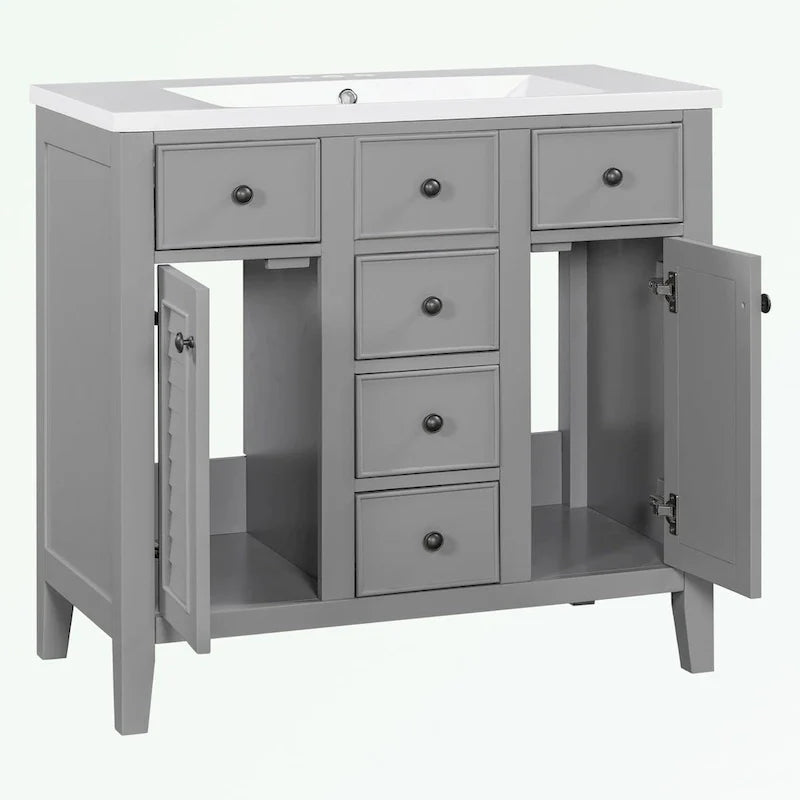 Bathroom Vanity with Ceramic Basin, Two Cabinets and Five Drawers