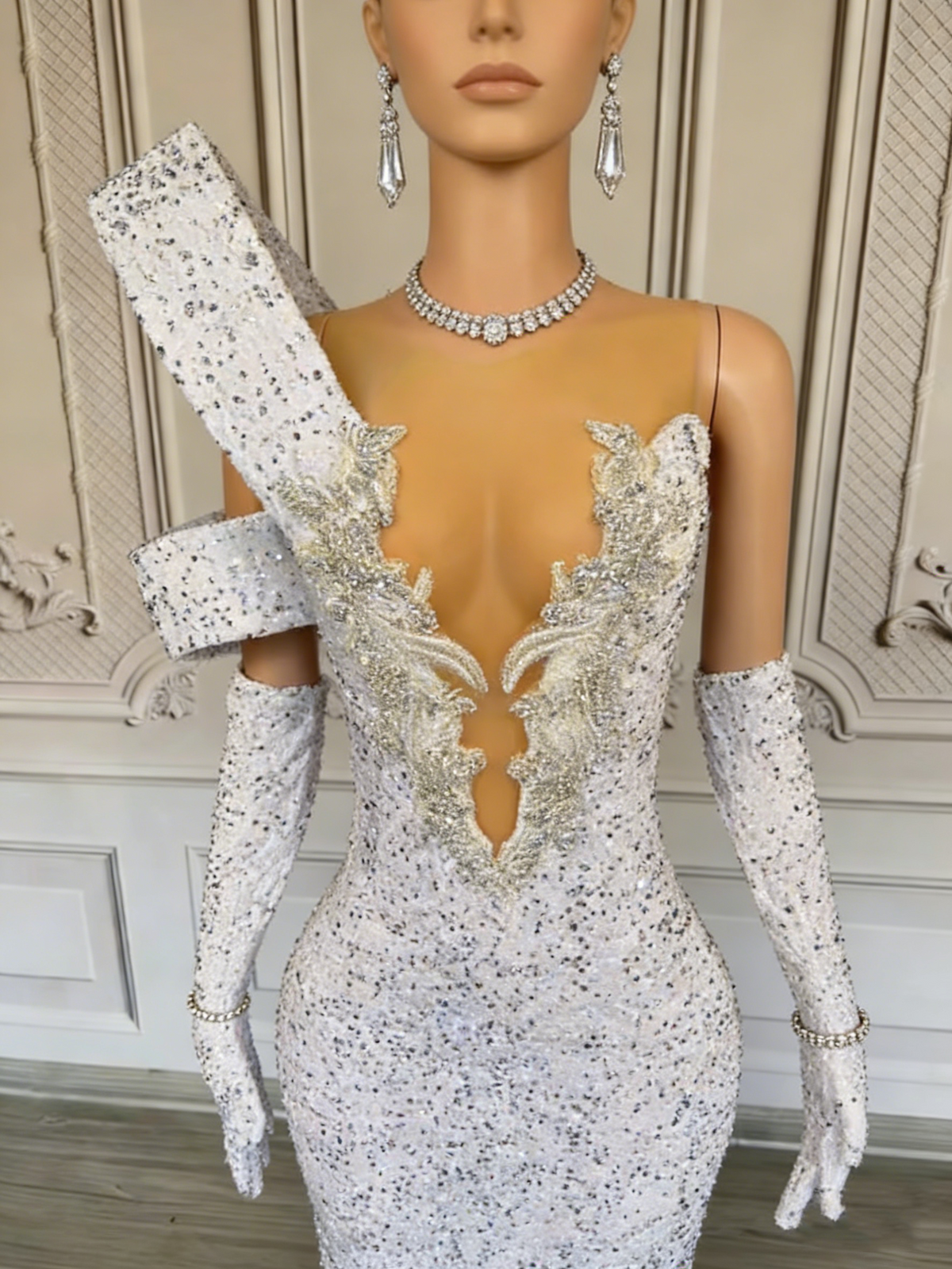 white rhinestone mermaid dress Chic V-Neck Lace Rhinestones Sweep Train Mermaid Prom Dresses