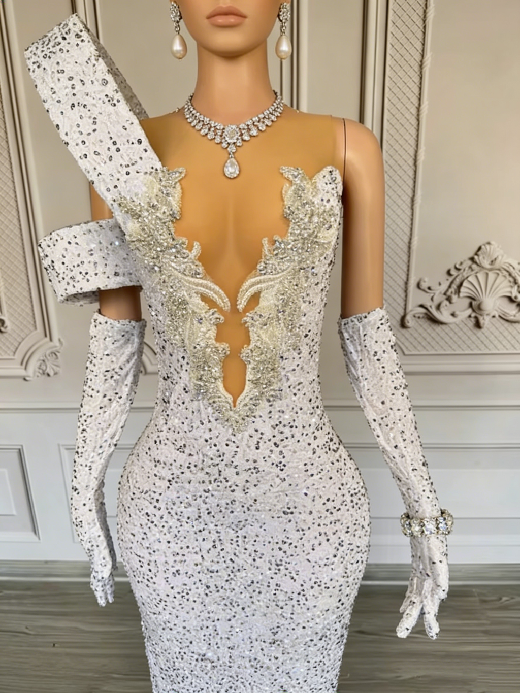 White Sequin Mermaid Gown Deep V Neck Asymmetric Shoulder Floor Length Formal