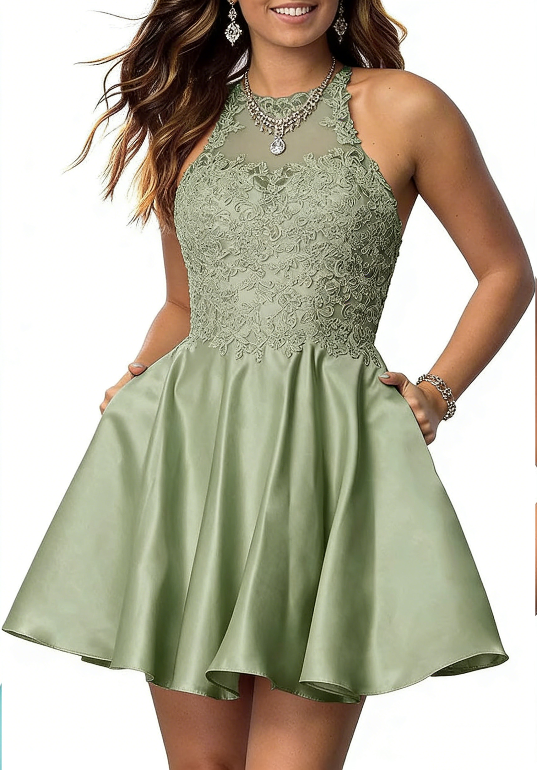 Green Halter Lace Applique A-Line Party Dress with Pockets 4 Colors