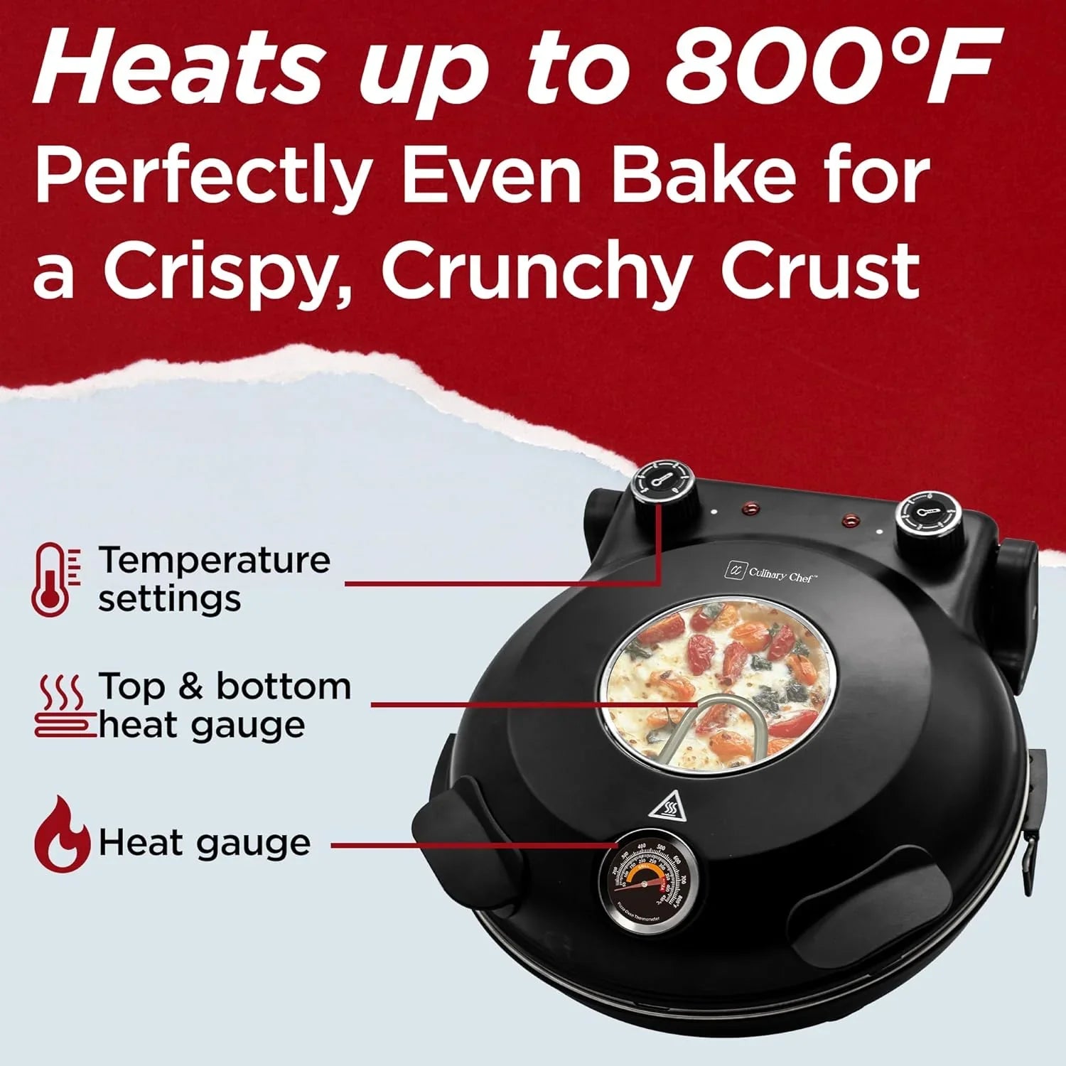 Electric Pizza Oven with Ceramic Stone, Viewing Window, Adjustable Heat Control, Timer and 1200W Baking Power, DIY Homemade Pizzeria, Large 12�� Pie Capacity (Black)