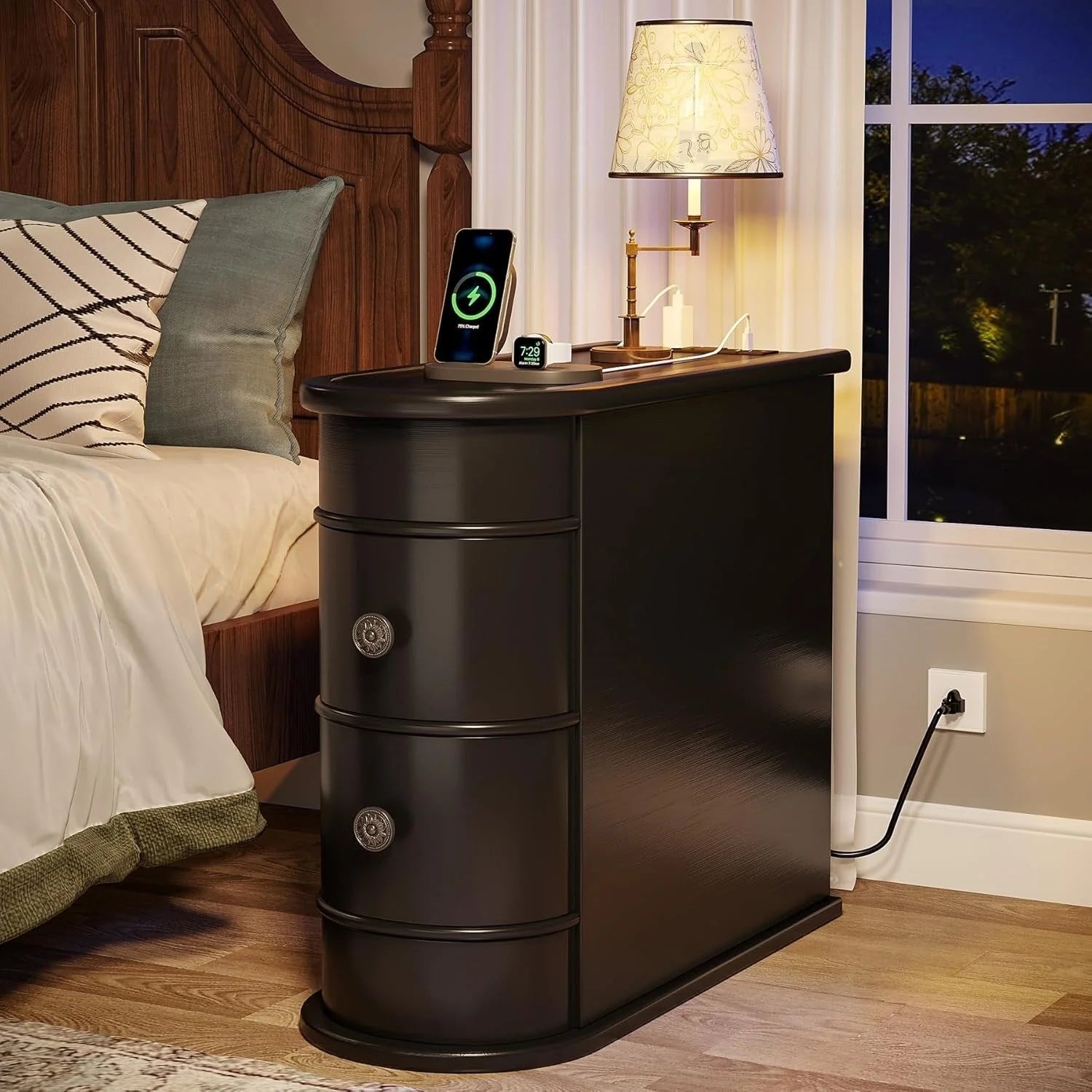 Solid Wood Chairside End Table, Two-Drawer Narrow Side Table Slim