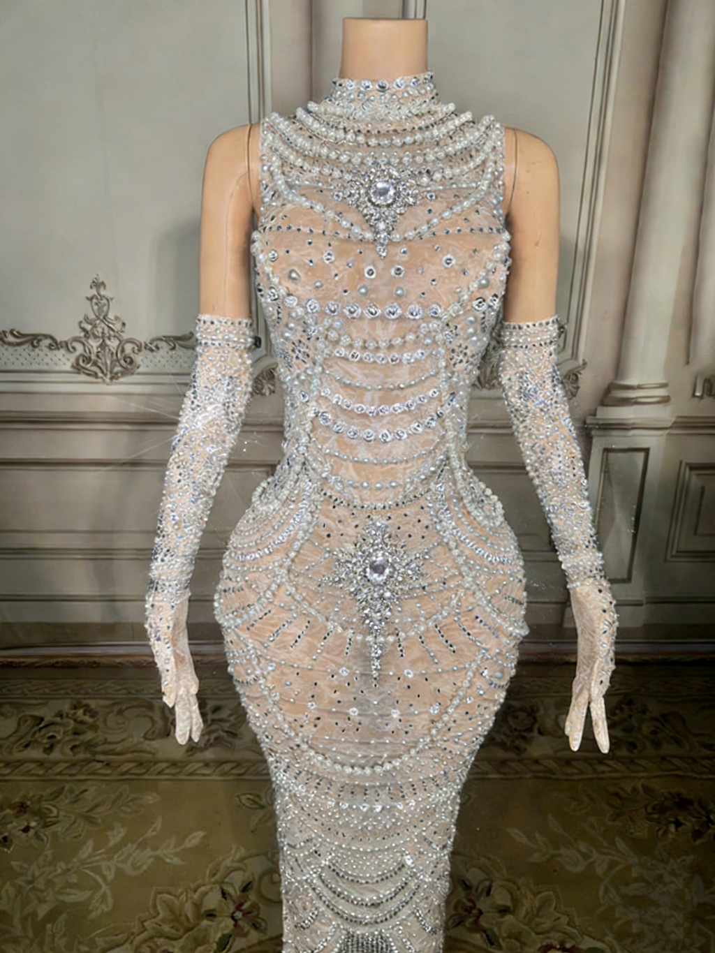 White Bead Embellished High Neck Mermaid Gown Sleeveless Open Back Formal