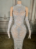 White Bead Embellished High Neck Mermaid Gown Sleeveless Open Back Formal