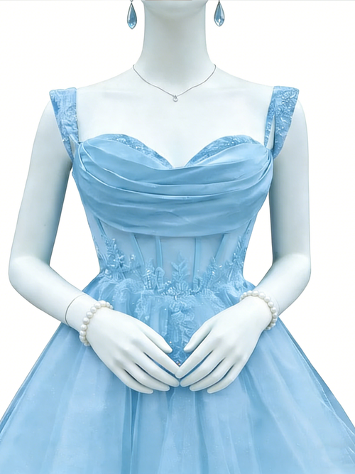 Slowix Blue 3D Floral Tulle Short Party Dress Spaghetti Strap Lace Applique