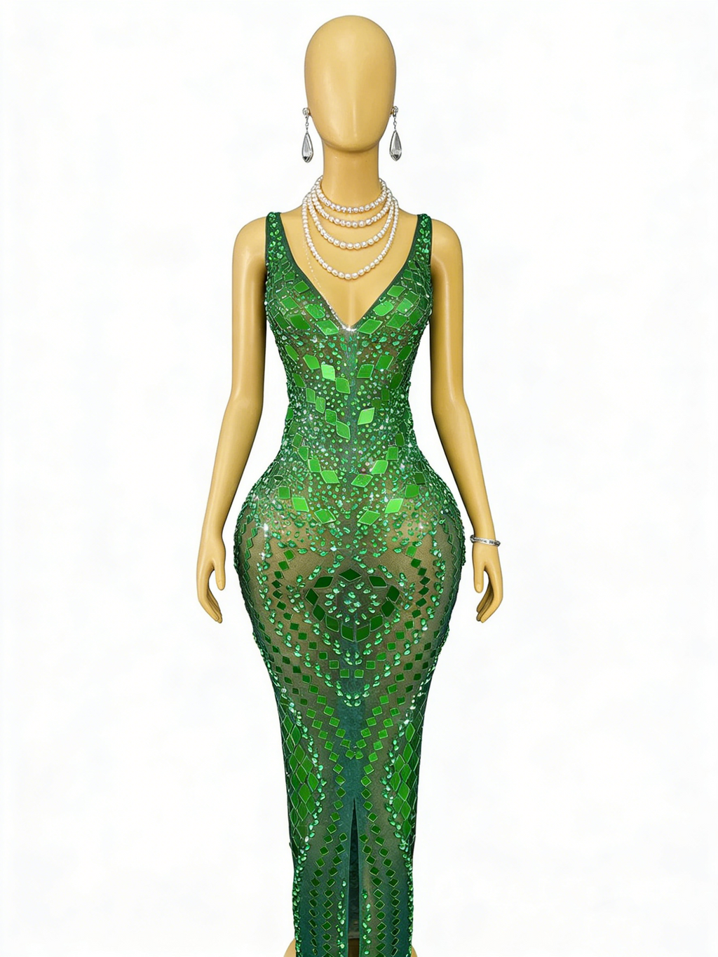 Green Sequin Mermaid Gown V Neck Open Back Floor Length Formal Evening Dress