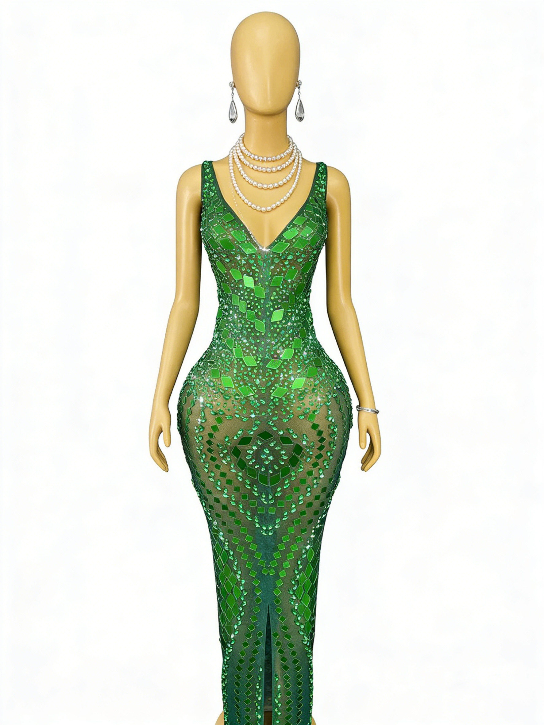 Green Sequin Mermaid Gown V Neck Open Back Floor Length Formal Evening Dress