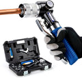 Hydraulic tube expanding tool kit, used to expand 3/8-inch copper tubes to 1-1/8 inches.