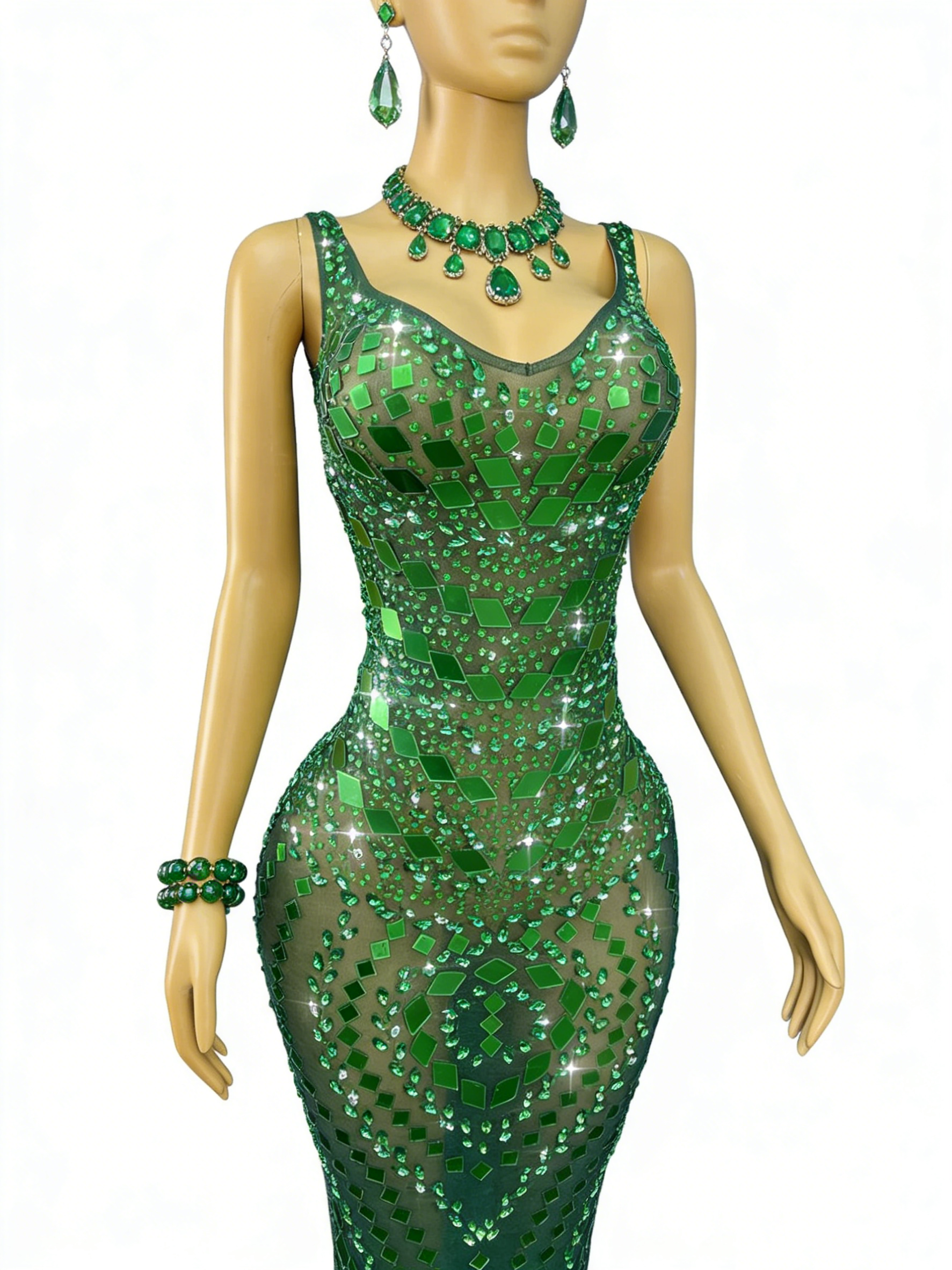Green Sequin Mermaid Gown V Neck Open Back Floor Length Formal Evening Dress