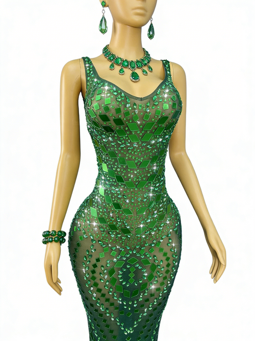 Green Sequin Mermaid Gown V Neck Open Back Floor Length Formal Evening Dress