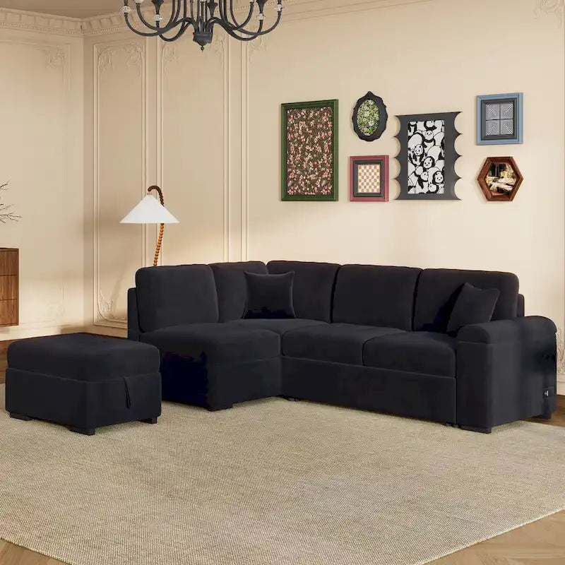 84.75  L-Shaped 5-Seat Sleeper Sectional Sofa with Storage Ottoman, Hidden Arm Storage, and USB Charging for Living Room