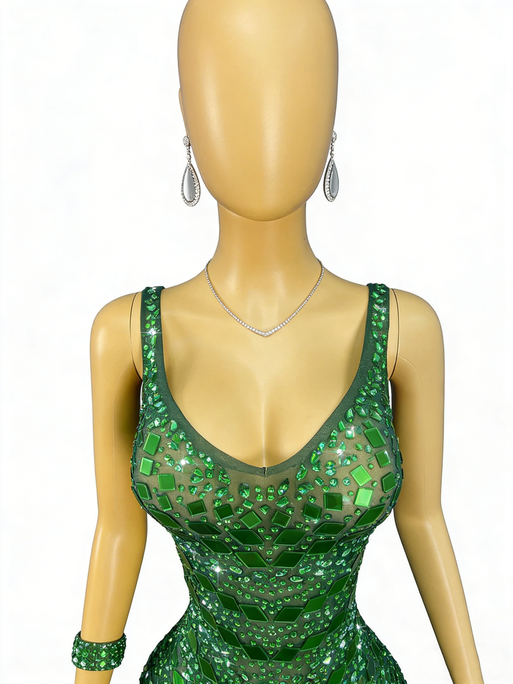 Green Sequin Mermaid Gown V Neck Open Back Floor Length Formal Evening Dress