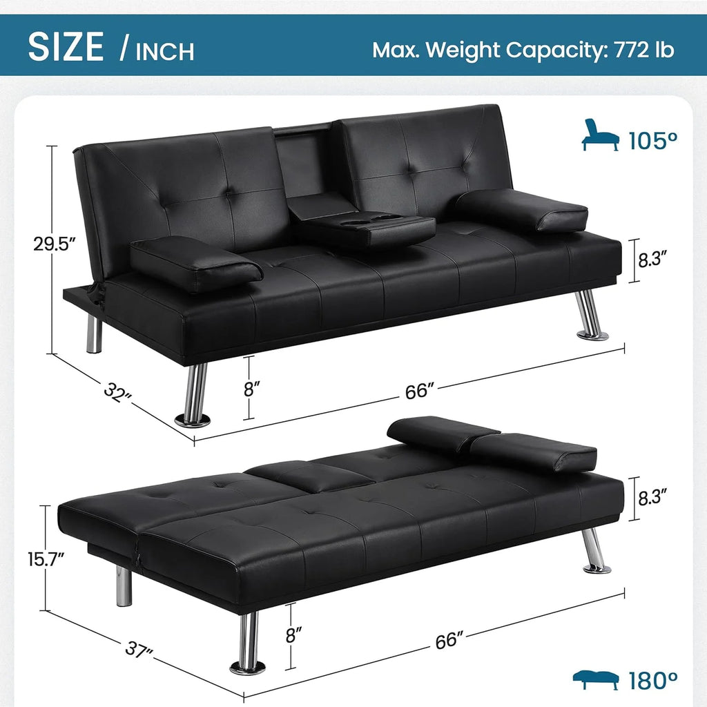 Yaheetech Convertible Sofa Bed Adjustable Couch Sleeper Modern Faux Leather Home Recliner Reversible Loveseat Folding Daybed Guest Bed, Removable Armrests, Cup Holders, 3 Angles, 772lb Capacity, Black