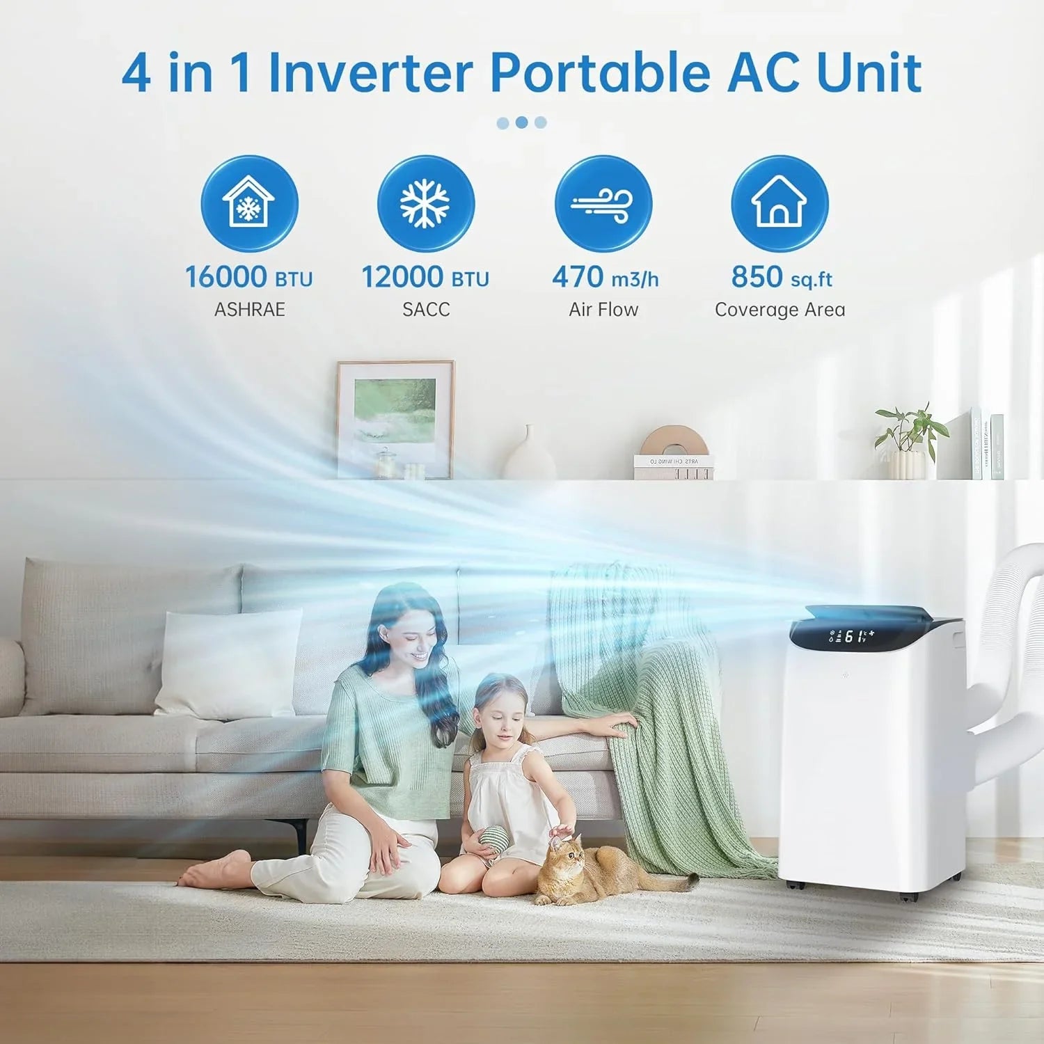 Portable Air Conditioner Cools Up to 700 Sq.Ft, 3-IN-1 Energy Efficient Portable AC Unit with Remote Control & Installation Kits for Large Room, Campervan, Office, Temporary Space