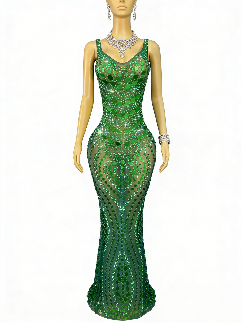 Green Sequin Mermaid Gown V Neck Open Back Floor Length Formal Evening Dress