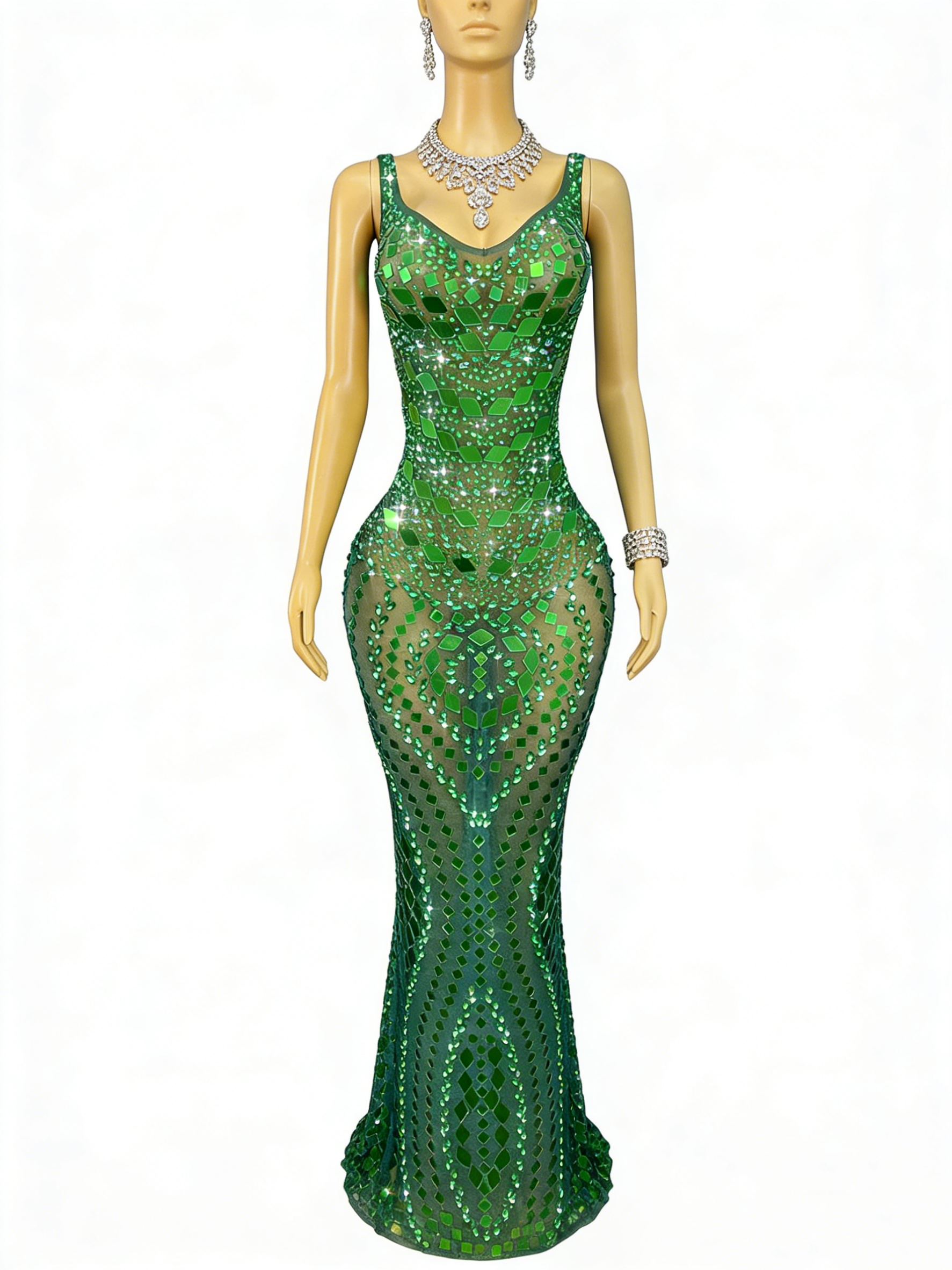 Green Sequin Mermaid Gown V Neck Open Back Floor Length Formal Evening Dress