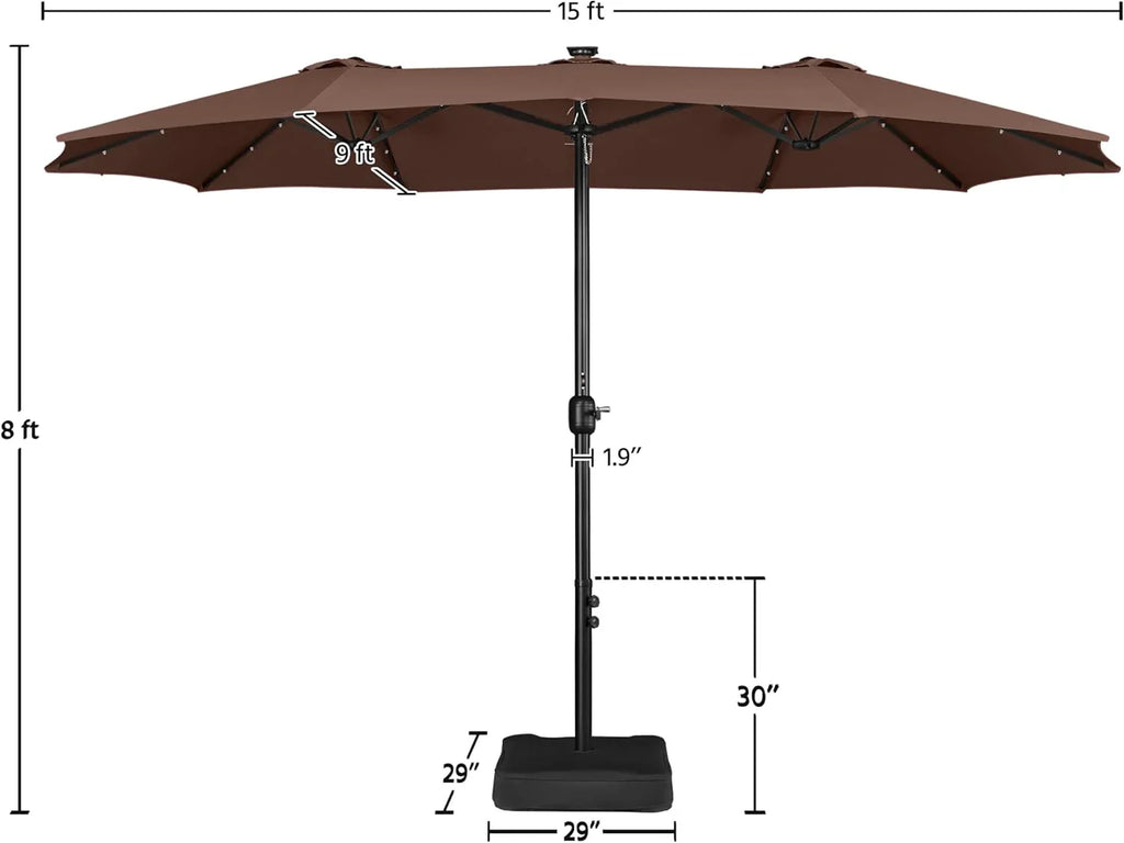 15 ft Large Patio Umbrella with Solar Lights Double-Sided Outdoor Rectangle Market Umbrellas with 36 LED Lights/Base Included/Easy Crank for Patio Garden Yard Pool Lawn, Brown