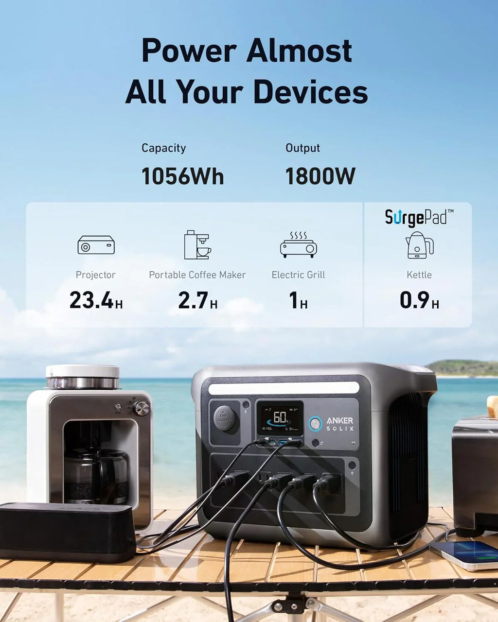 Anker SOLIX C1000 Portable Power Station with 200W Solar Panel, 1800W Solar Generator, 1056wh LFP (LiFePO4) Battery, 6 AC Outlets, Up to 2400W for Home, Power Outages, and Outdoor Camping