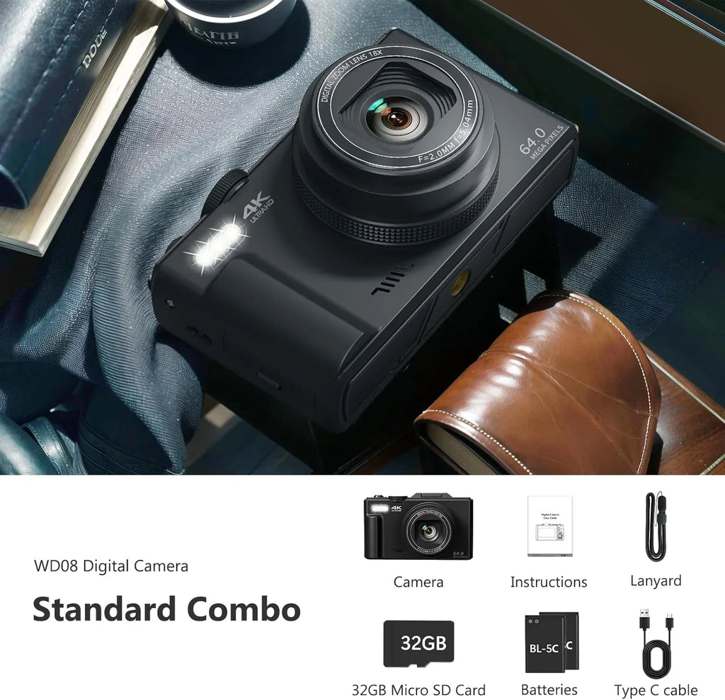 4K Digital Camera for Photography, 64MP Vlogging Camera for YouTube with 3" 180° Flip Screen, 18X Digital Zoom Point and Shoot Camara with 32GB Micro SD Card for Beginner (Black)