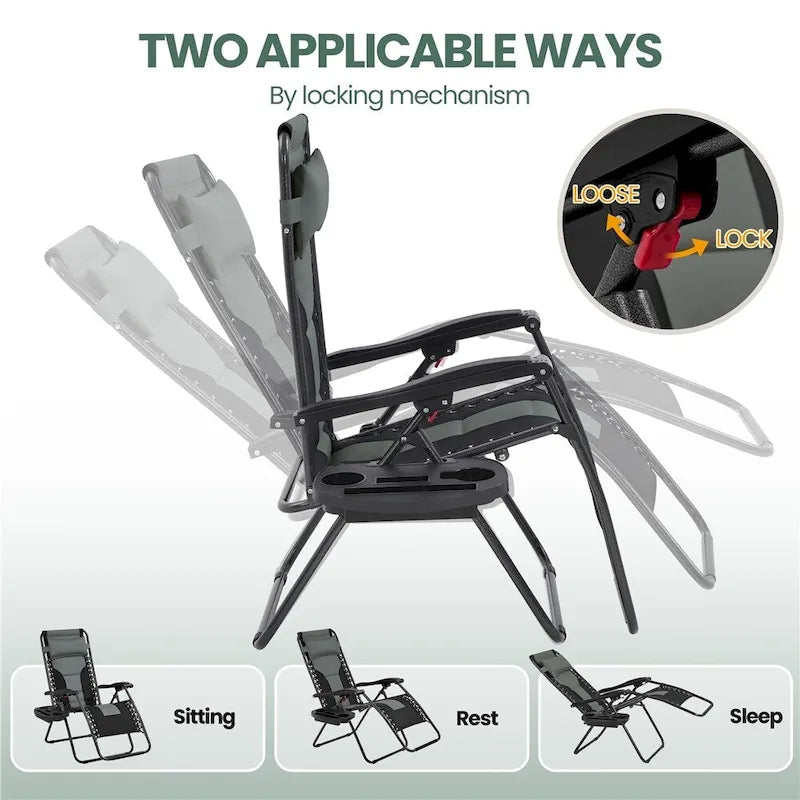 Yaheetech 2pcs 26in Padded Outdoor Zero Gravity Chair Patio Lounge Camping Chair with Armrests and Pillow