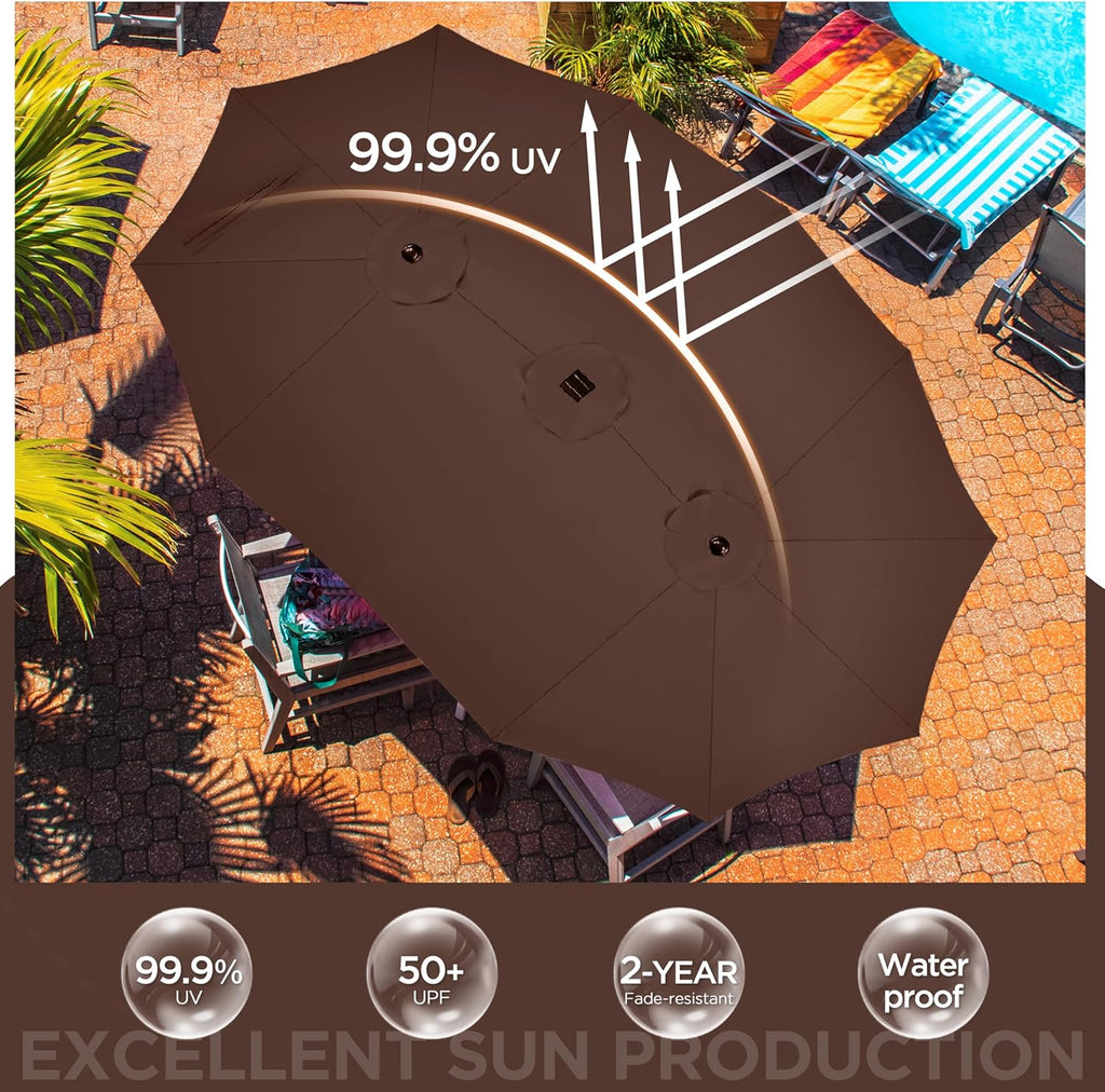 15 ft Large Patio Umbrella with Solar Lights Double-Sided Outdoor Rectangle Market Umbrellas with 36 LED Lights/Base Included/Easy Crank for Patio Garden Yard Pool Lawn, Brown