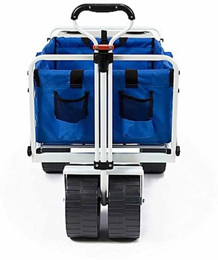 All Terrain Beach Wagon with Side Table|Heavy Duty Collapsible Folding Cart with Large Wheels for Beach Day, Picnic, Camping, Outdoor Activities | Blue/White