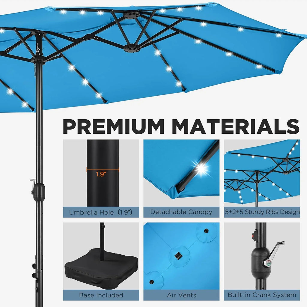 15 ft Large Patio Umbrella with Solar Lights Double-Sided Outdoor Rectangle Market Umbrellas with 36 LED Lights/Base Included/Easy Crank for Patio Garden Yard Pool Lawn, Brown