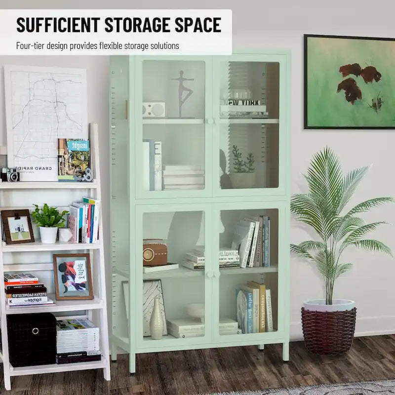 Four Glass Door Storage Cabinet with Adjustable Shelves and Feet Cold-Rolled Steel Sideboard Furniture