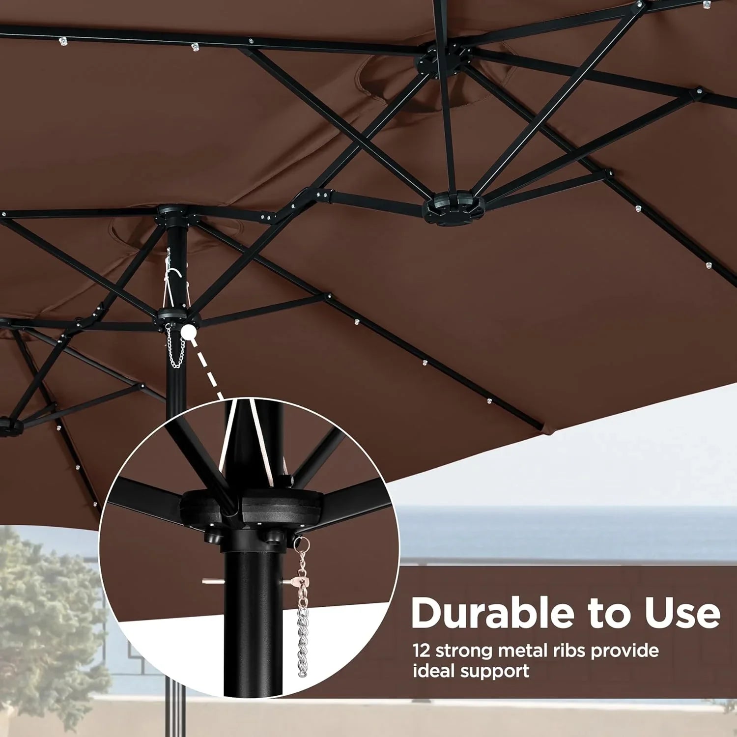 15 ft Large Patio Umbrella with Solar Lights Double-Sided Outdoor Rectangle Market Umbrellas with 36 LED Lights/Base Included/Easy Crank for Patio Garden Yard Pool Lawn, Brown
