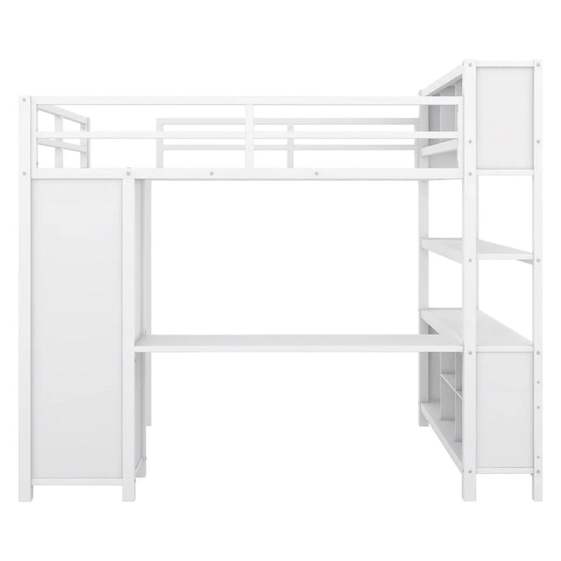 Off-White Metal Loft Bed with Desk and Wardrobe - Full Size