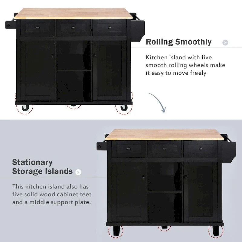 Kitchen Island on 5 Wheels with Storage Cabinet and 3 Drawers