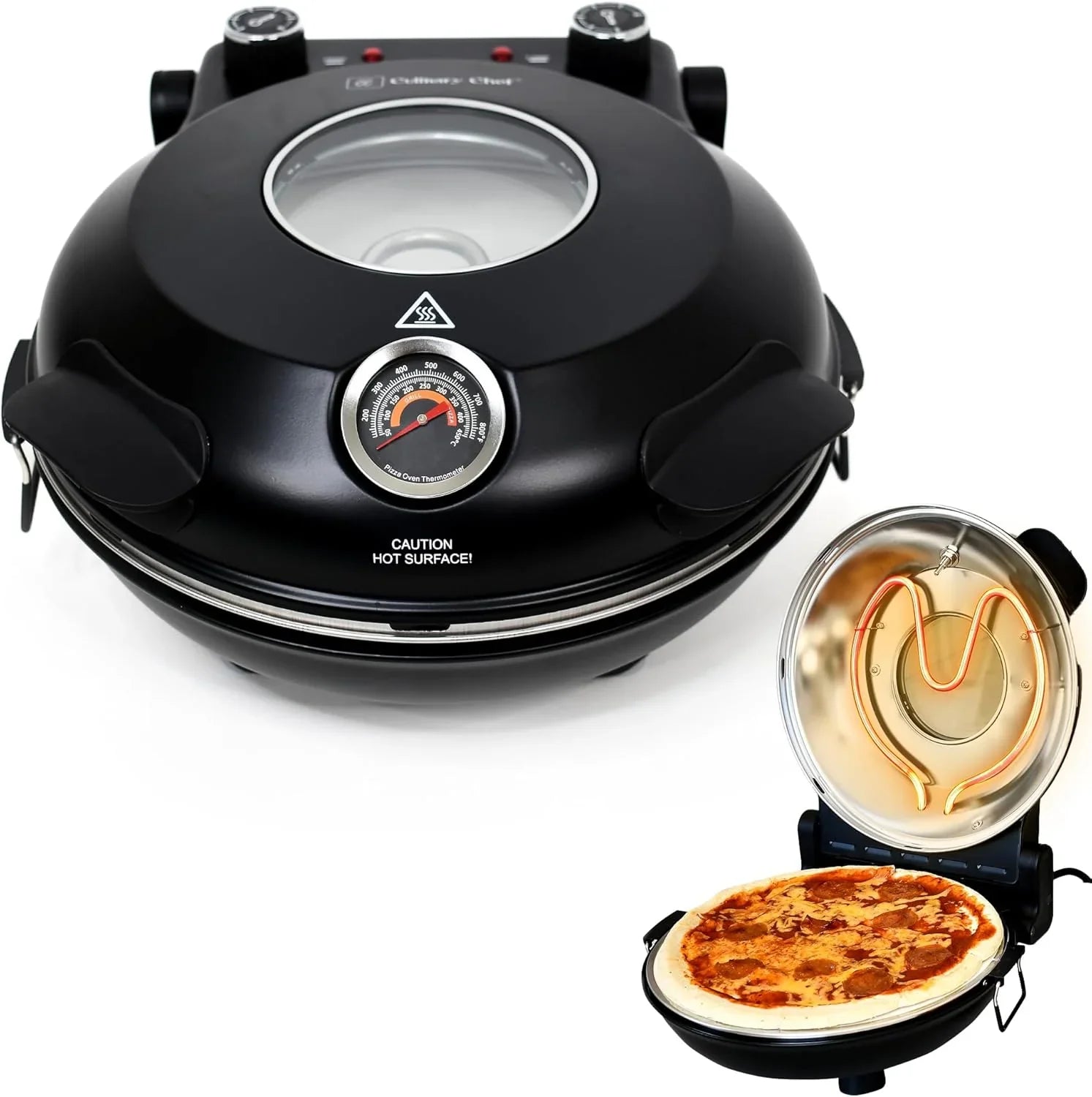Electric Pizza Oven with Ceramic Stone, Viewing Window, Adjustable Heat Control, Timer and 1200W Baking Power, DIY Homemade Pizzeria, Large 12�� Pie Capacity (Black)
