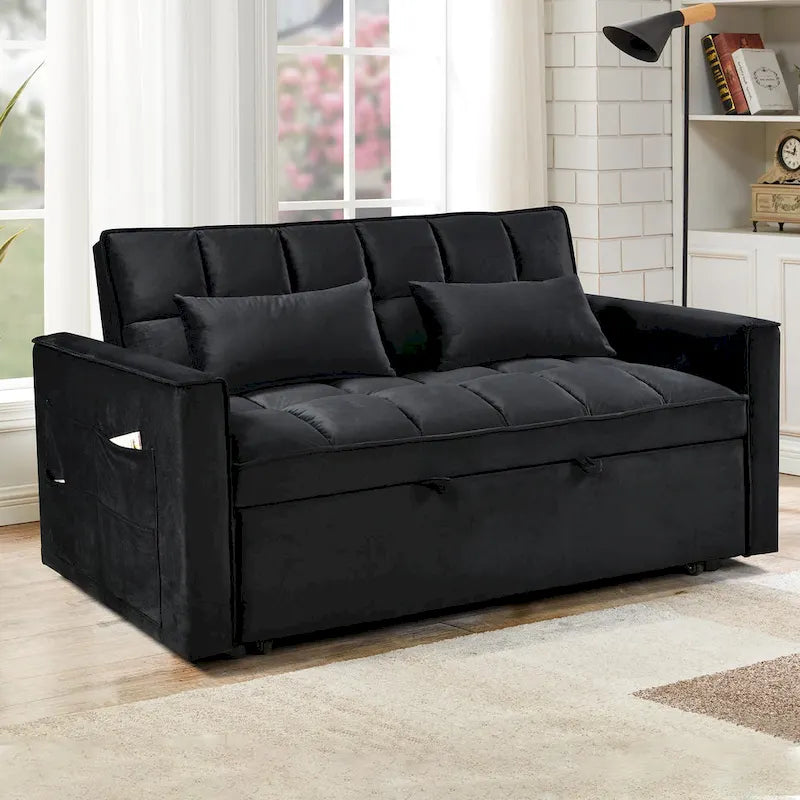 Modern Velvet Futon Loveseat with Reclining Backrest & Pockets, Seats 2 �?Dark Gray / Light Gray / Blue / Black