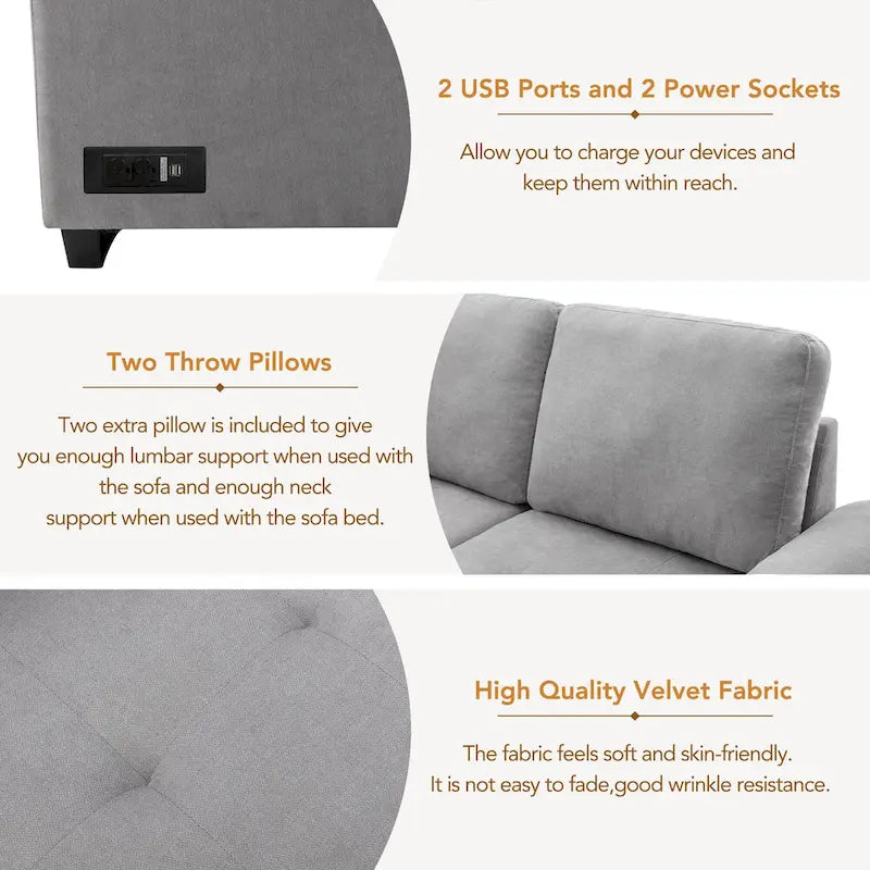 84.75  L-Shaped 5-Seat Sleeper Sectional Sofa with Storage Ottoman, Hidden Arm Storage, and USB Charging for Living Room