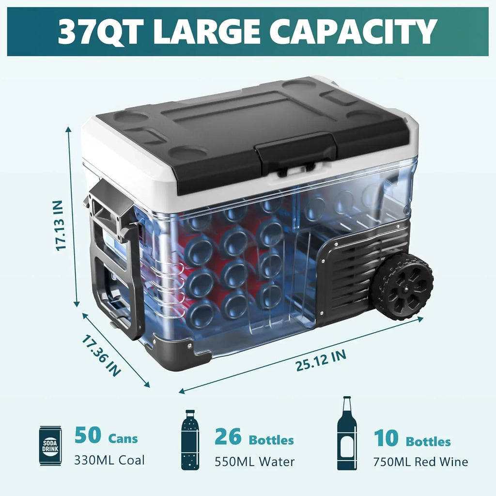 EUHOMY 12 Volt Refrigerator, 37QT(35L) Electric Cooler, Portable Freezer 12V/24V DC 110-240V AC, 12V Fridge -4��~68��, 12V Cooler with Wheels & 2 Baskets for Travel, Truck, Boat, Camping