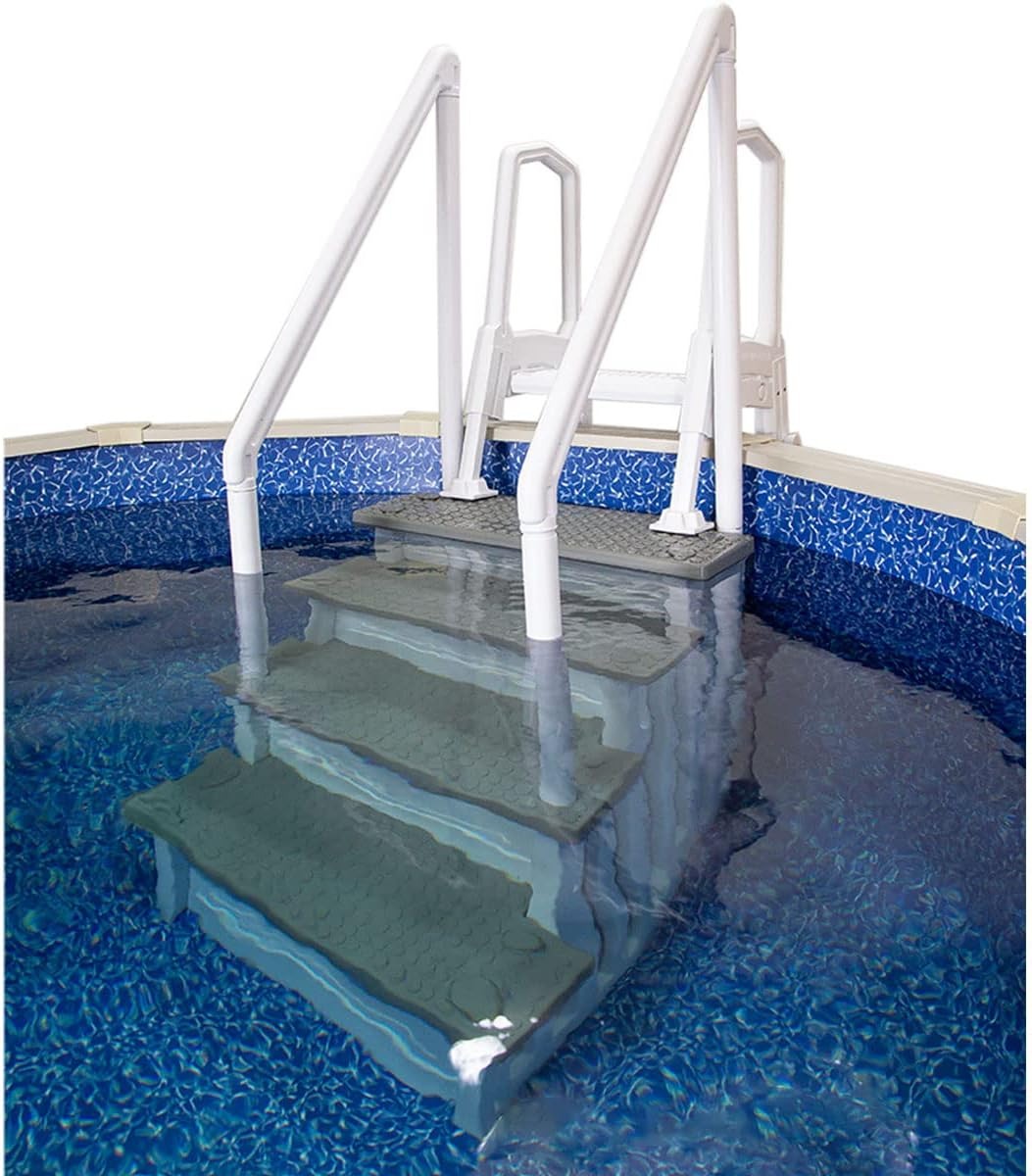 Non-slip pool entrance steps | Gray | Suitable for above-ground pools | Can be installed on patios with a height of 122 to 137 cm | Maximum load capacity 136 kg